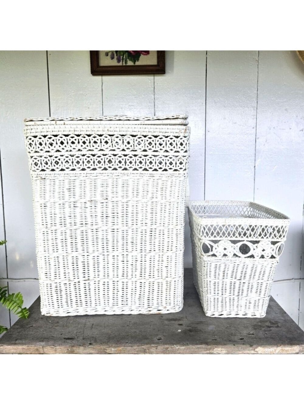Vintage Wicker Hamper Set Maine Country Cottage White Basket Hamper Wastebasket